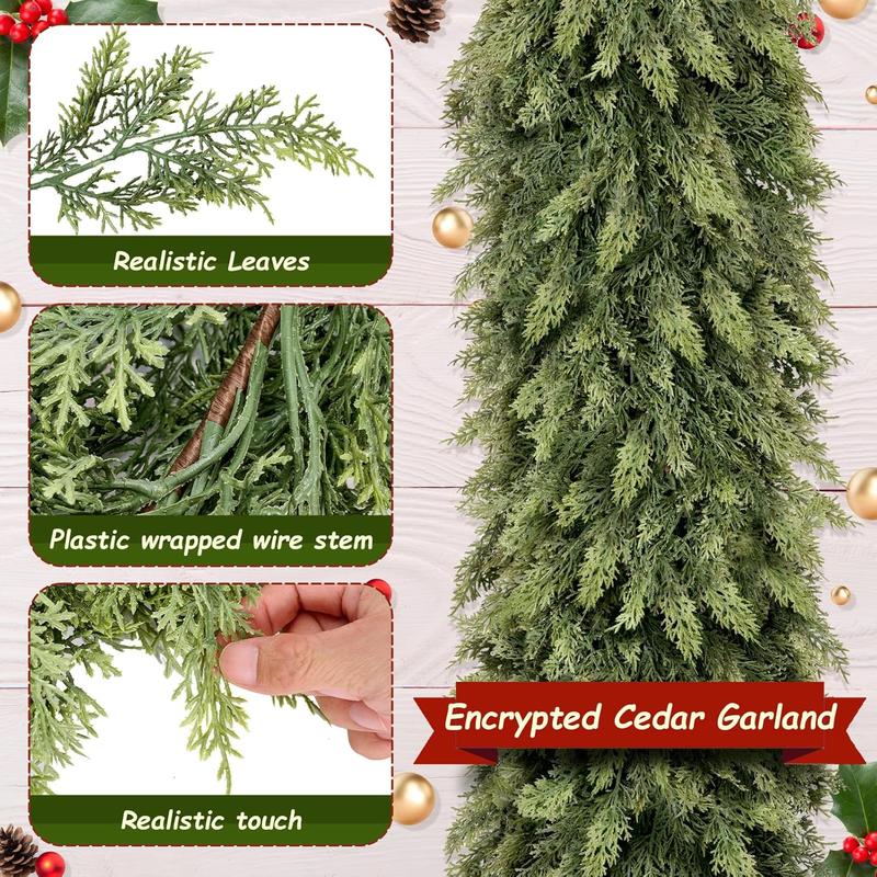 9-Foot Artificial Christmas Cedar Garland, Soft & Thick Faux Pine Foliage, Green Faux Cedar Garland, Festive Holiday Decoration for Fireplace Adornment, Parties and Home Decor, Indoor and Outdoor