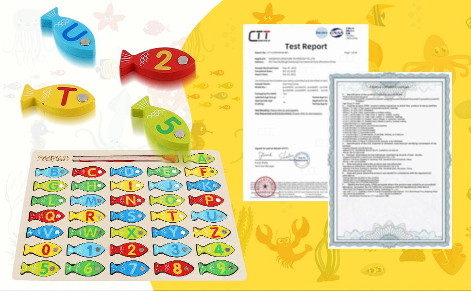 Magnetic Wooden Fishing Game Toy for Toddlers, Alphabet Fish Catching Counting Games Puzzle with Numbers and Letters, Preschool Learning ABC Math Educational Toys 3 4 5 Years Old Girl Boy Kids