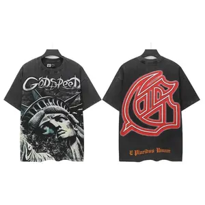Godspeed Vintage Washed Statue of Liberty Graphic T-Shirt, Oversized Patriotic Streetwear, Men's Short-Sleeve Casual Tee, Summer Trend Hip Hop Y2K Top | graphic tees | summer mens clothing | TikTok Shop Deals