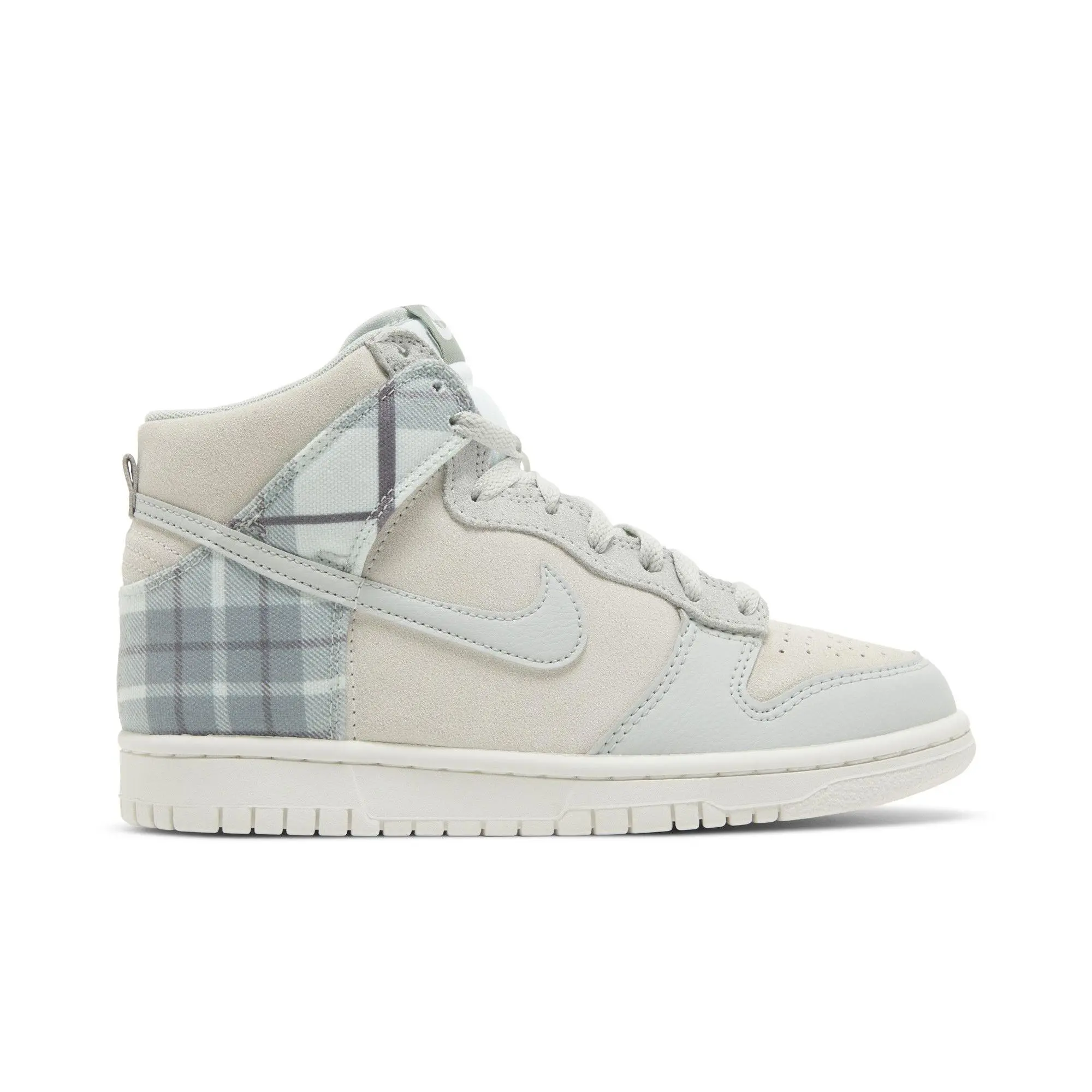 Nike Dunk High SE Grade School Unisex Skate Shoes - Summit White/Light Silver, Plaid Pattern, Suede Upper, Style DV1724-100