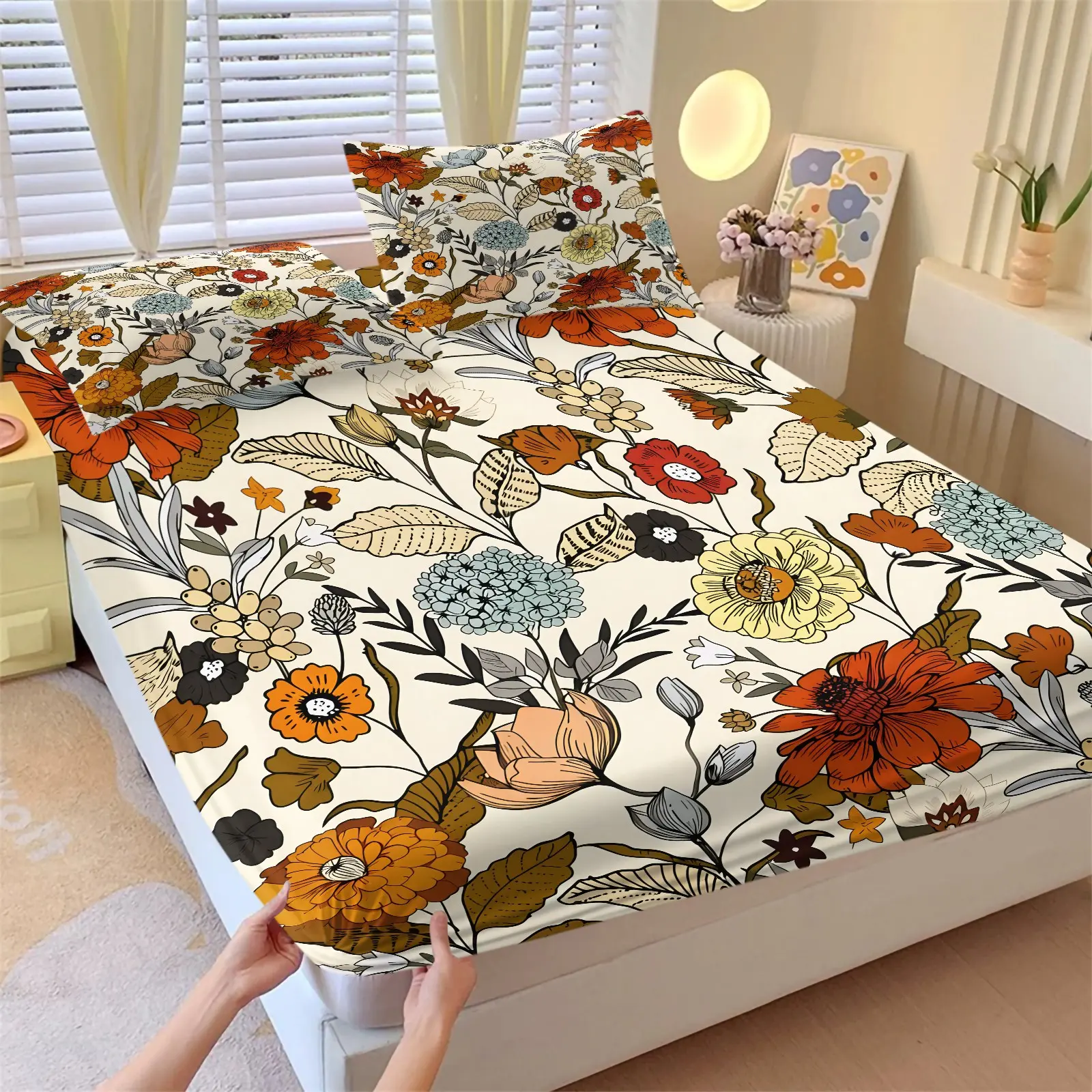 3Pcs Vintage Floral HD Printed Fitted Sheet Set, Gentle Healing Vibe, 2 Coreless Pillowcases, Deep Pocket Anti-shift Polyester, Wrinkle-Resistant & Washable, Spring & Fall Bedrooms And Girls Dorm Decor.