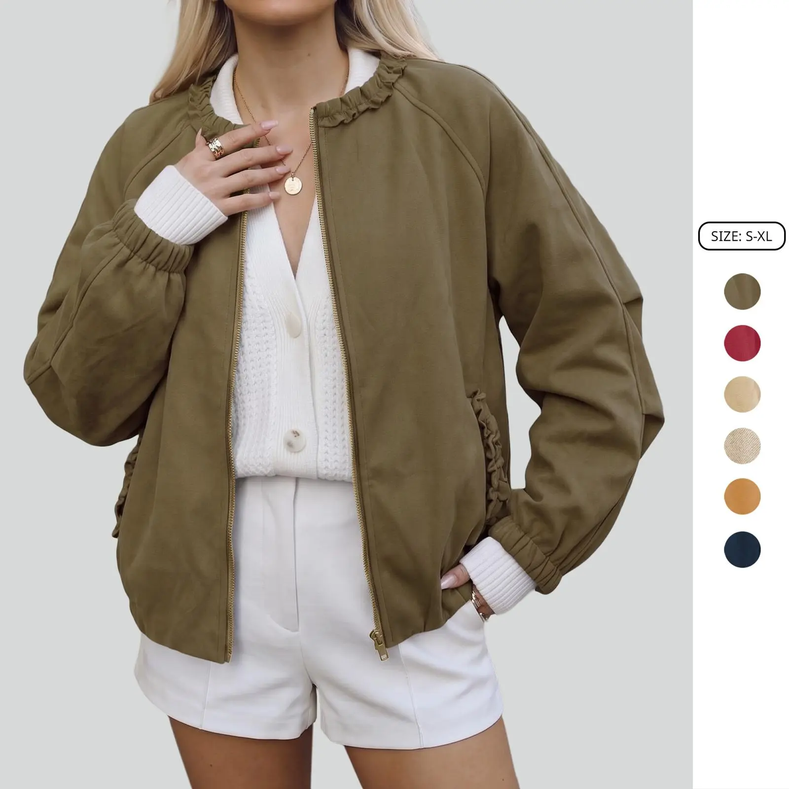 Imily Bela Women's Fall Winter Trendy Ruffle Zip-Up Jacket, Casual Soft Chic Long Sleeve Cropped Bomber Coat
