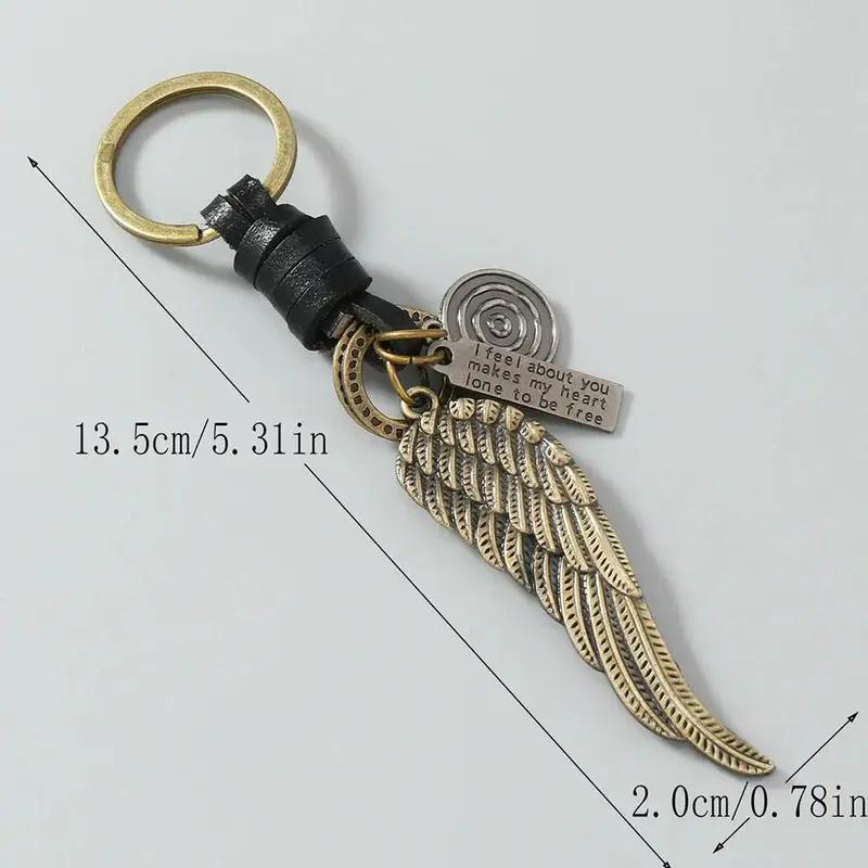 Vintage Angel Wing Keychain, Retro Leather Metal Wing Pendant Key Ring, Inspirational Quote Tag Key Accessory, 2 Colors Black Brown Optional