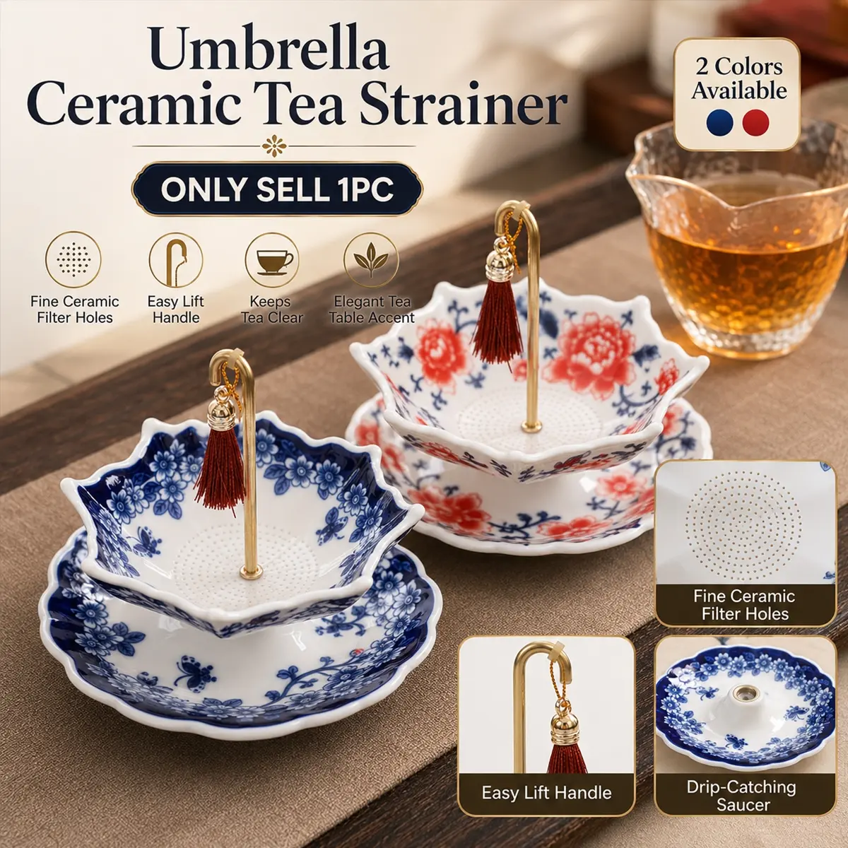 Umbrella Shape Ceramic Tea Strainer, Chinese Porcelain Rotating Loose Leaf Tea Filter, Decorative Gongfu Tea Infuser with Drip Tray, Elegant Kung Fu Tea Accessory for Tea Lovers, Home Office Tea Table Brewing Ceremony, Drinkware