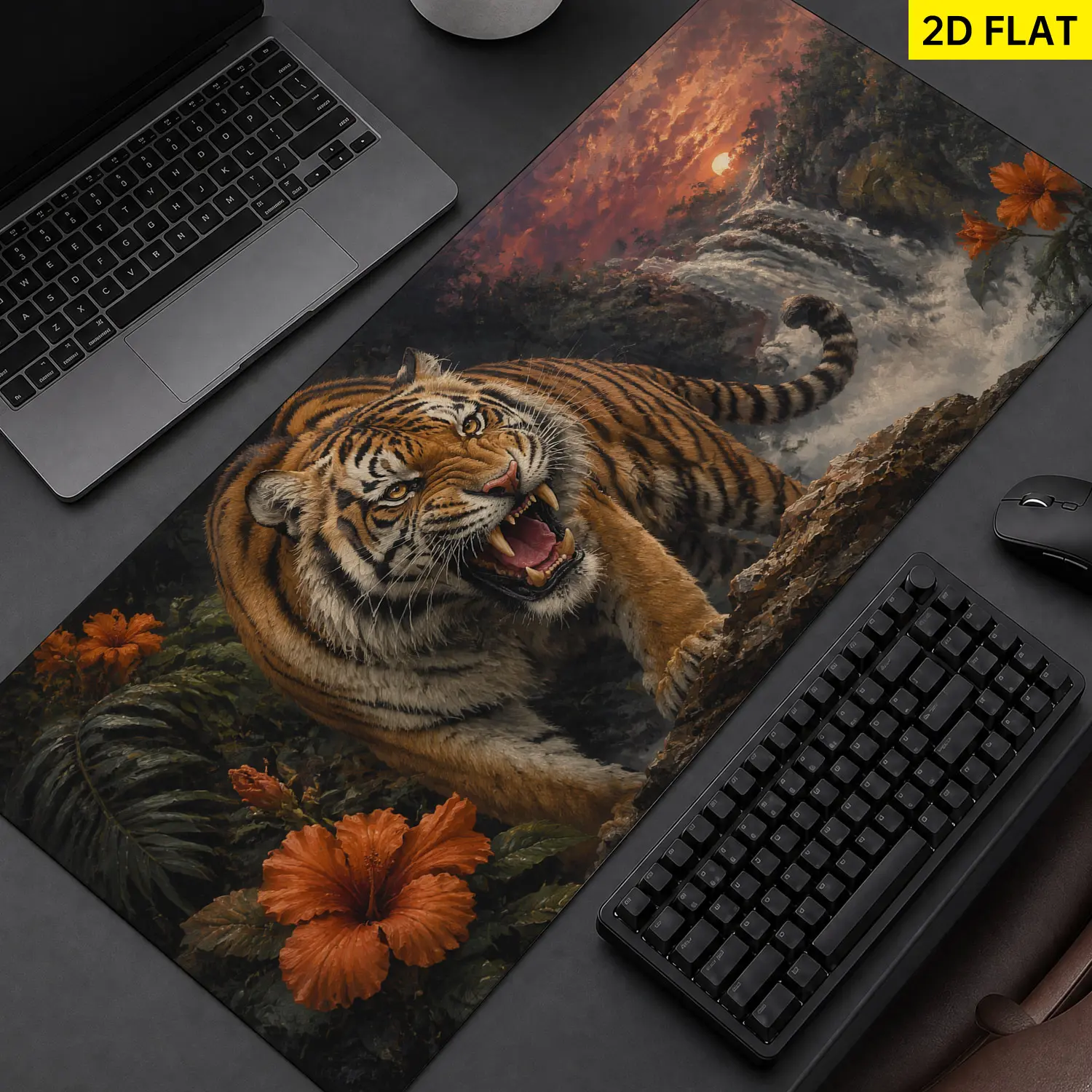 Extra Large fierce tiger with waterfall and sunset Mouse Pad,Non Slip Rubber Pad,Desktop Decoration Drotection Pad,Washable,Lock Edge Multi Size,Premium Multipurpose Mousepad For Home,Office,Gift for Family and Friends