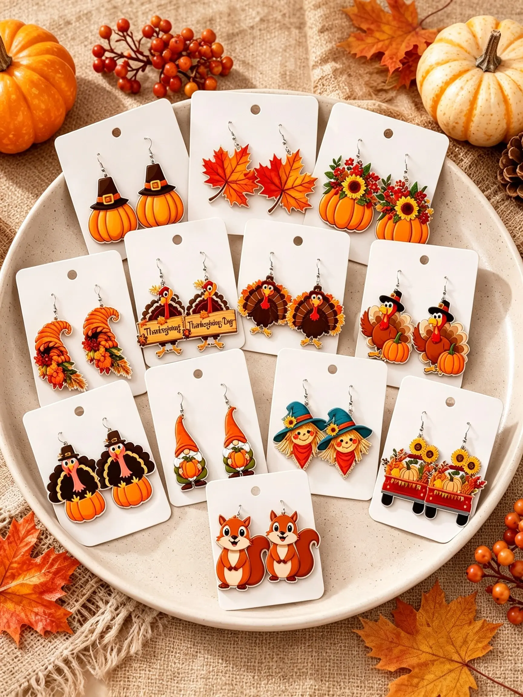 [Thanksgiving Earring Set] 24pcs/12 Pairs Women's Thanksgiving Dangle Acrylic Earring Set - Turkey, Pumpkin & Maple Leaf Harvest Autumn Earrings - Whimsical Fall Jewelry for Year-Round Wear - Perfect for Thanksgiving Parties & Holiday Gifts