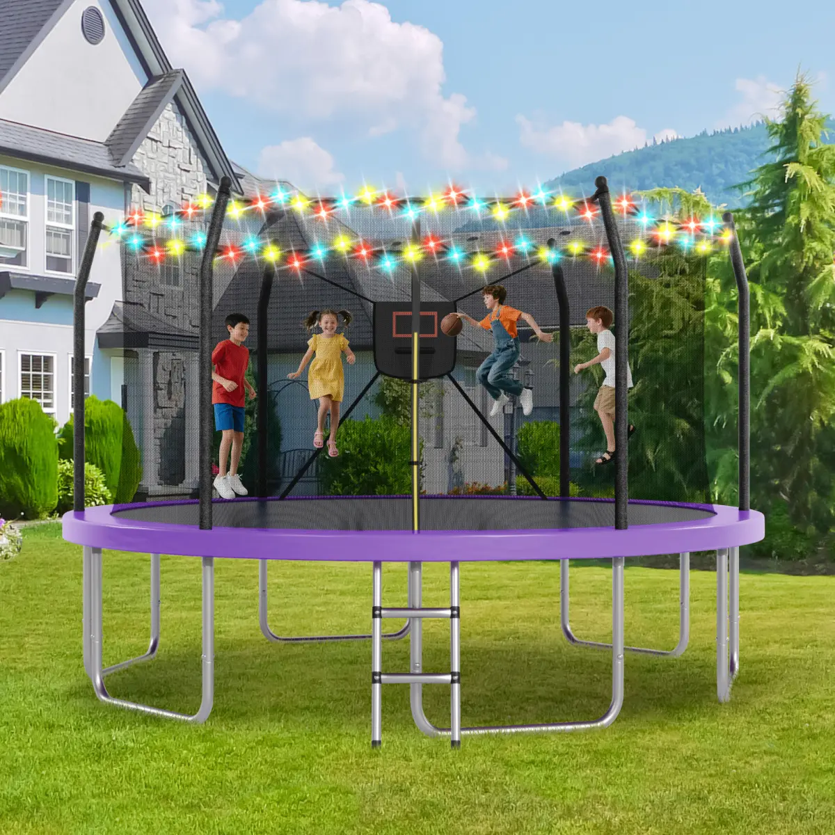 Aobtkel 14FT Unisex Metal Frame Trampoline - Lighted Hoop, Basketball Hoop, Outdoor Play Trampoline for Adults Kids