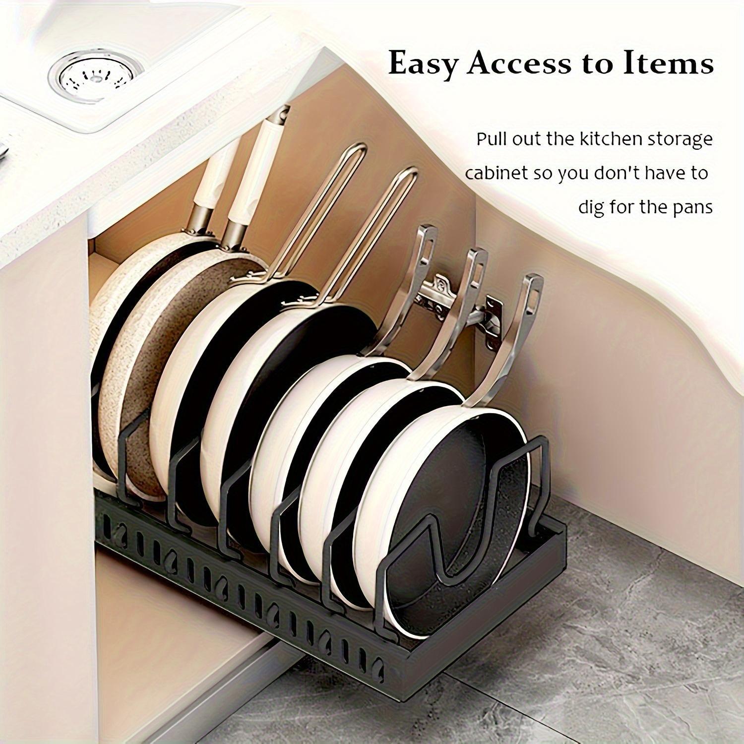 Cookware and Frying Pan Storage Rack with Sliding Lid Box, Suitable for Under Cabinet Use, Adjustable Divider Plate Lid Holder Designed for Kitchen Cabinets and Baking Utensils