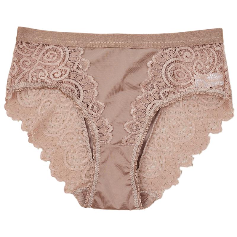 Lace underwear women's mid waist sexy European and American size patchwork see through lace triangle pants