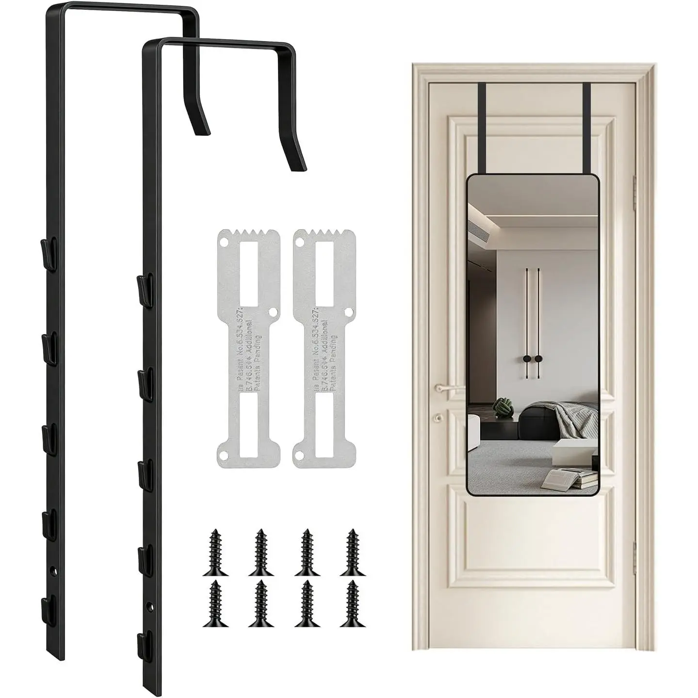 Over The Door Mirror Hanger, 2 PCS Adjustable Door Mirror Hook, Five-Hole Metal Mirror Hanger for Door, Fits Door Thickness Up to 1.8 Inch, Holds Mirrors with Back Holes (Black)