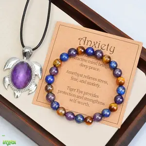 2 Pcs Spiritual Crystal Jewelry Set,Sea Turtle Amethyst Pendant Necklace + Mixed Gemstone Anxiety Relief Stretch Bracelet, Natural Stone Accessory With Inspirational Note Card, Calming Energy Healing Ornament For Daily Wear Mindfulness Gifting,Summervibes