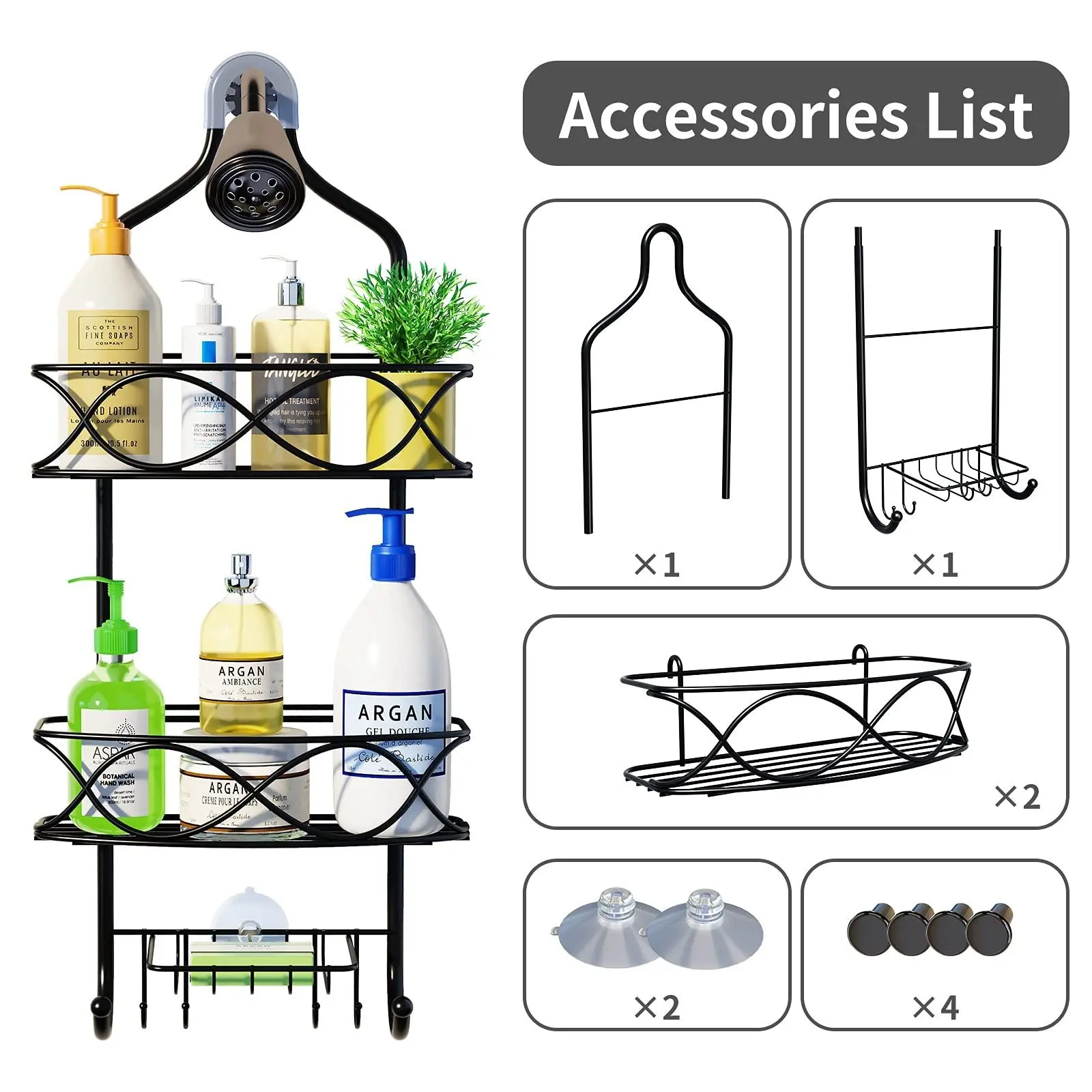 Shower Caddy Over Shower Head, Black Shower Caddy Hanging Rustproof Shower Caddy Basket Bathroom 3 Tier Shower Organizer Hanging Shower Racks