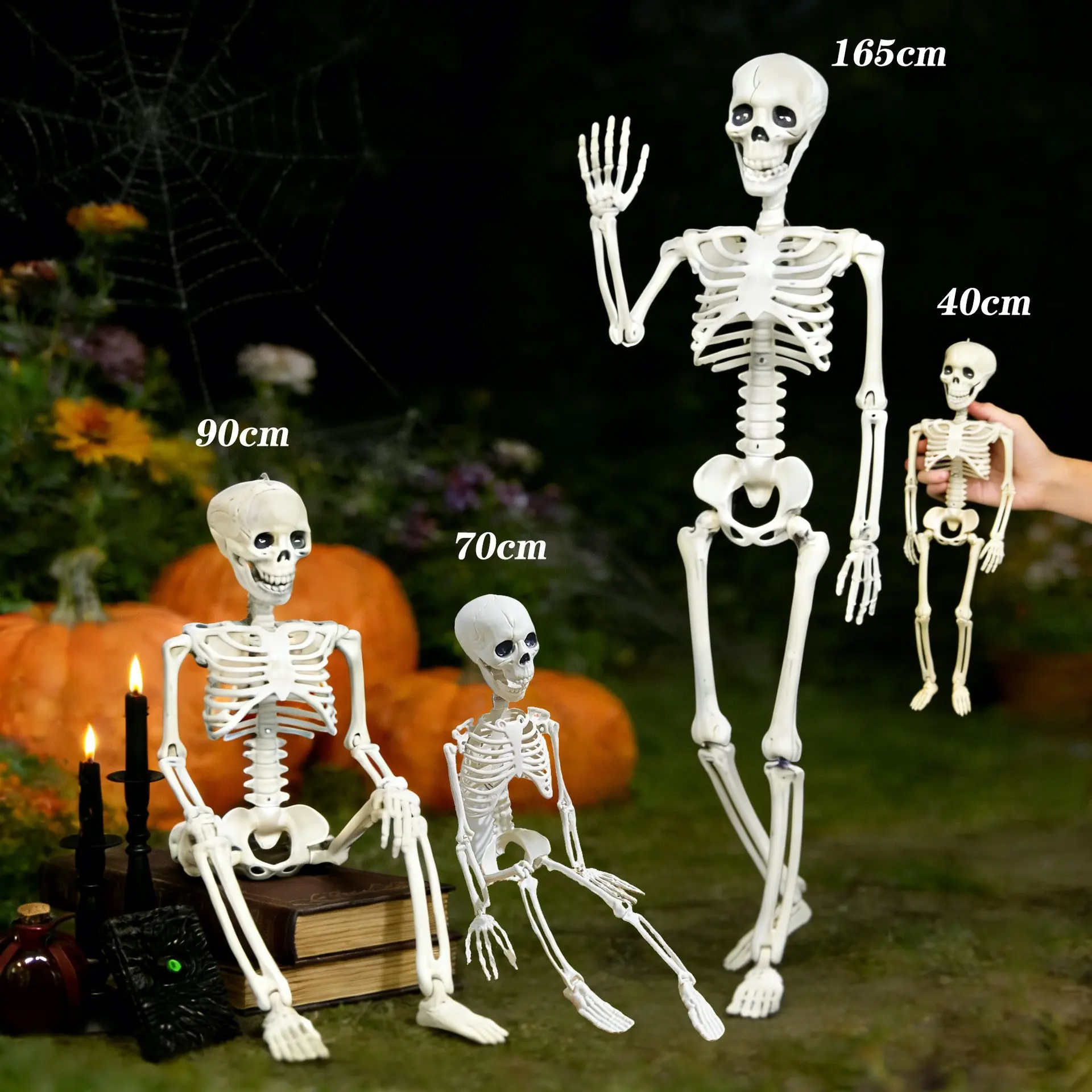 Halloween Realistic Skull Skeleton Ornament, Multiple Sizes Adjustable Human Bone Model, Haunted House Decoration Props
