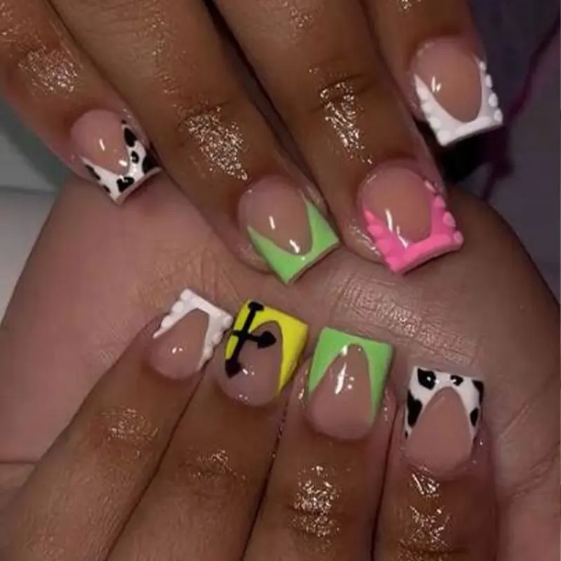 24pcs French Almond Press-On Nails, Cow Print Cross Design, Medium Size, Acrylic Material, Gel Glue & Nail File Included, Summer Manicure Essentials