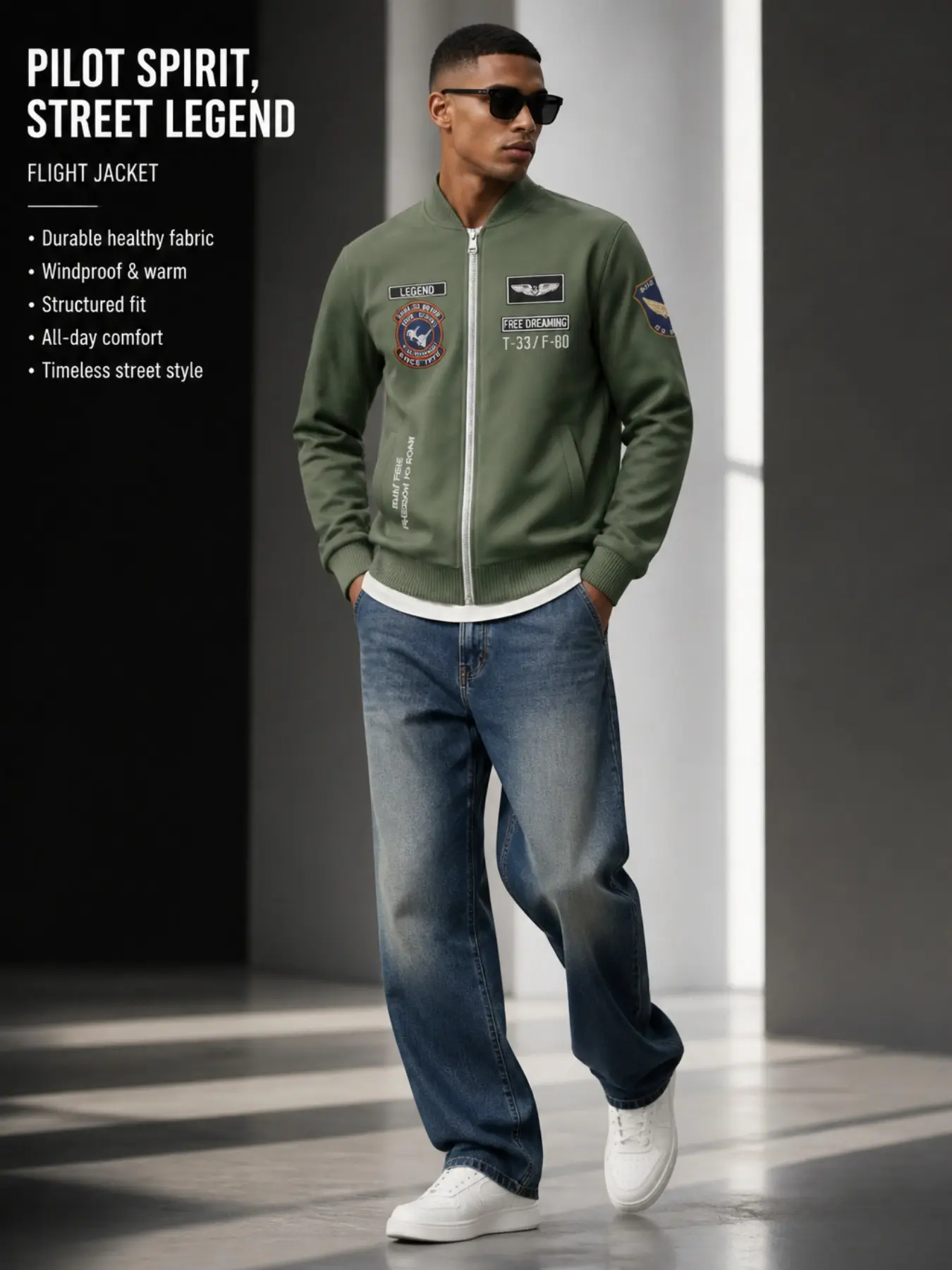 Men's Olive Military Flight Pattern Zipper Bomber Jacket, Vintage Air Force Pilot Windproof Jacket, Tactical Streetwear Fall Winter Coat