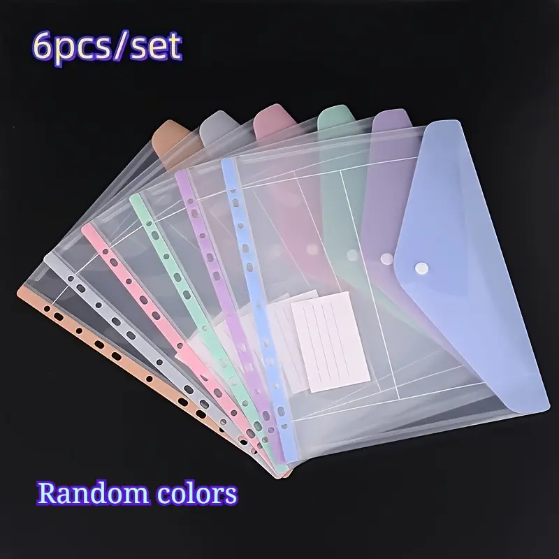 6pcs Plastic Expandable Binder Pockets, Binder Dividers with Pockets, 2/3/4 Ring Compatible File Pouches with Snap Button And Label Insert, Random Color Clear Organizers, Files Organizer for School Office Business Home