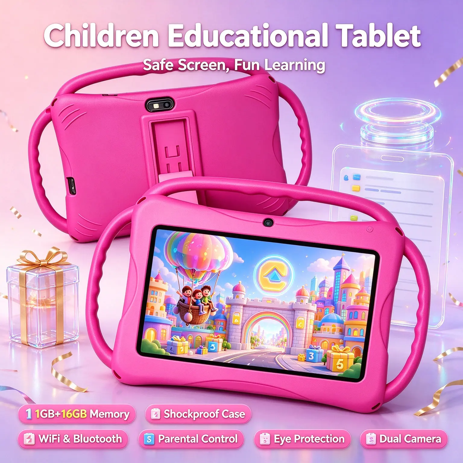 Toddler Friendly Android Tablet with 7" HD Screen, Rugged Triple Handle Case, Parental Control System, Dual Cameras, WiFi Connectivity for Play & Study