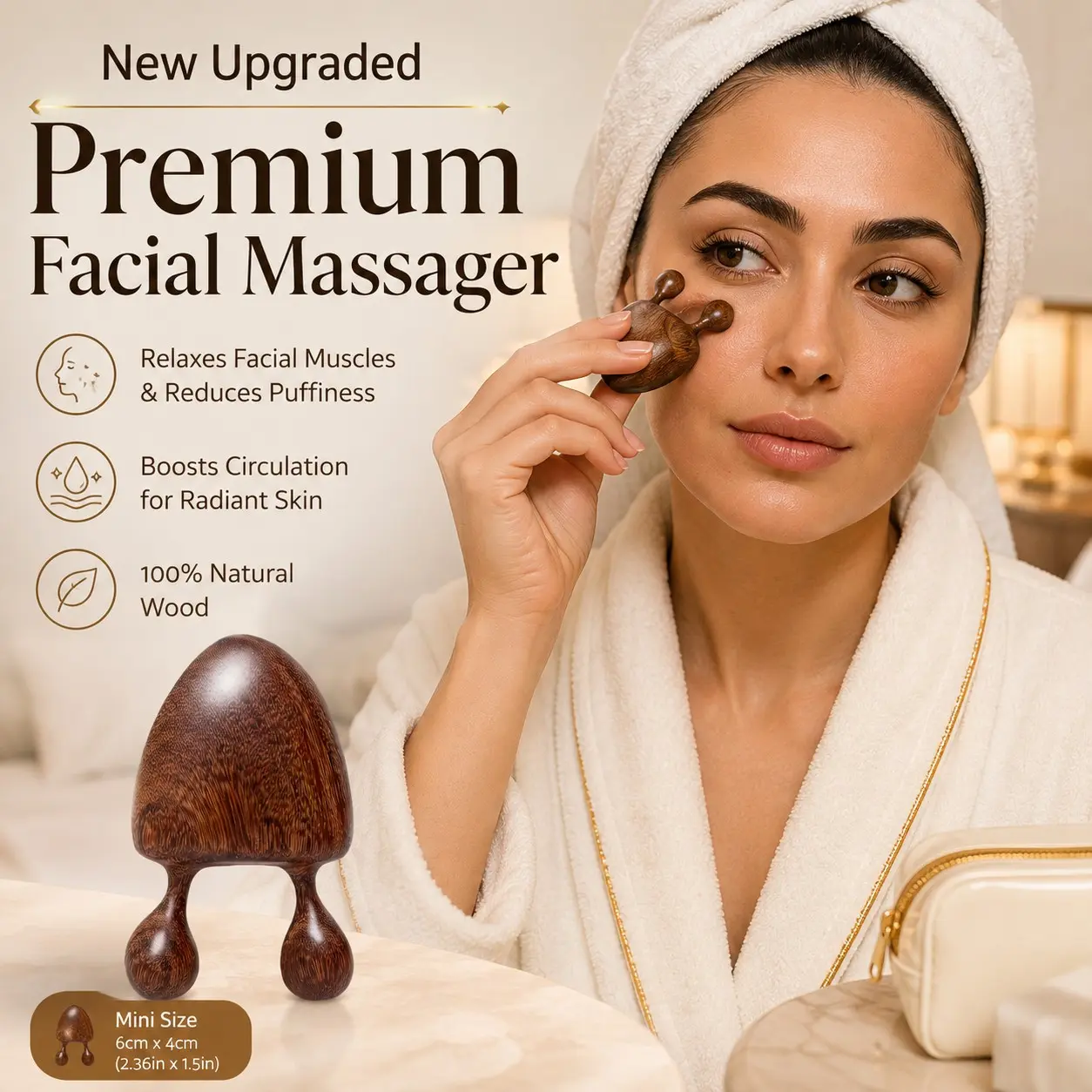 Natural Wooden Facial Gua Sha Eye Massager, Acupressure Comb for Lifting, Puffiness, Dark Circles, Lymph Drainage, Daily Skincare, Gift Idea