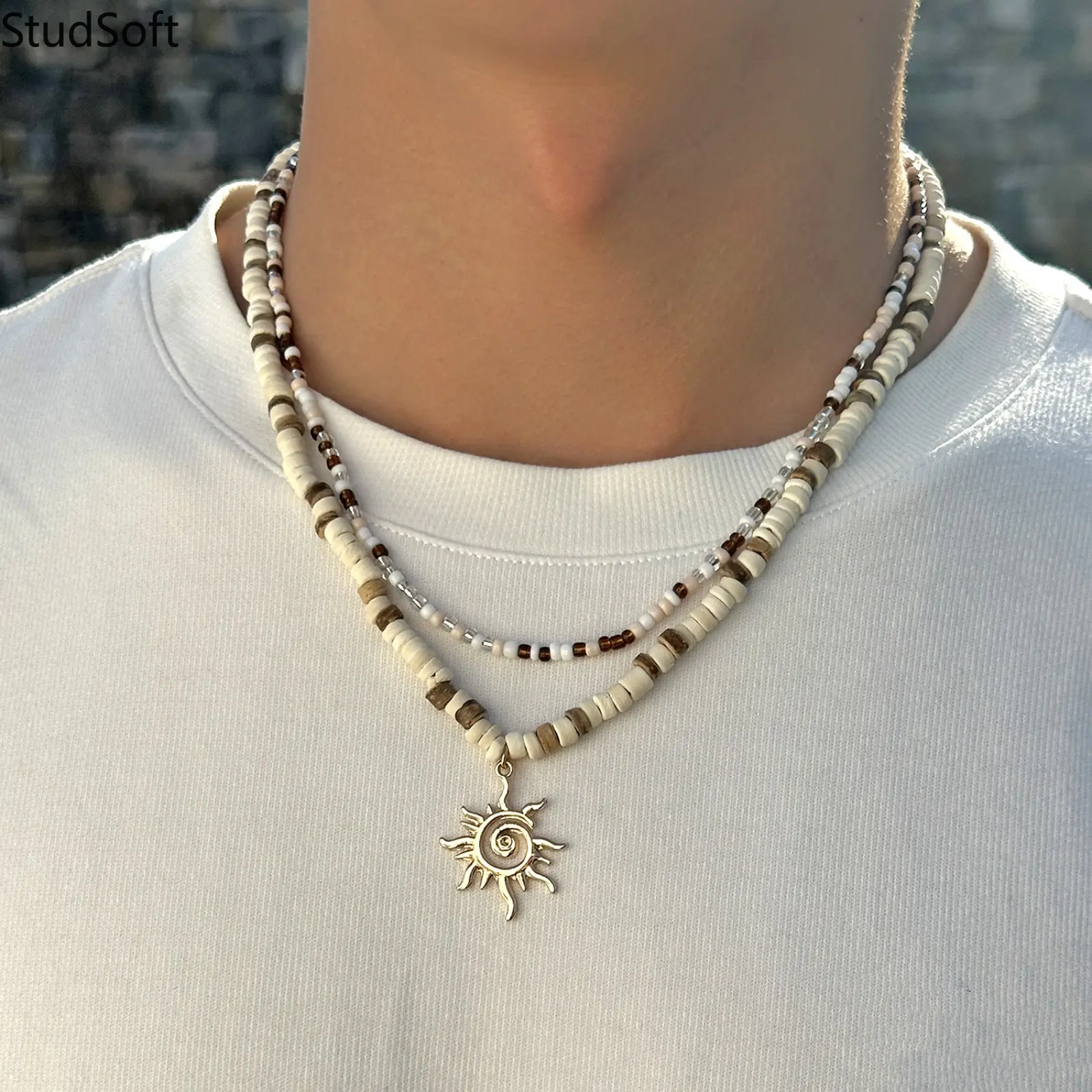 Boho Men Beaded Necklace Double Layer Sun Pendant Coconut Shell Choker High-Quality Handmade Cois Unisex Summer Beach Casual Gift Jewelry