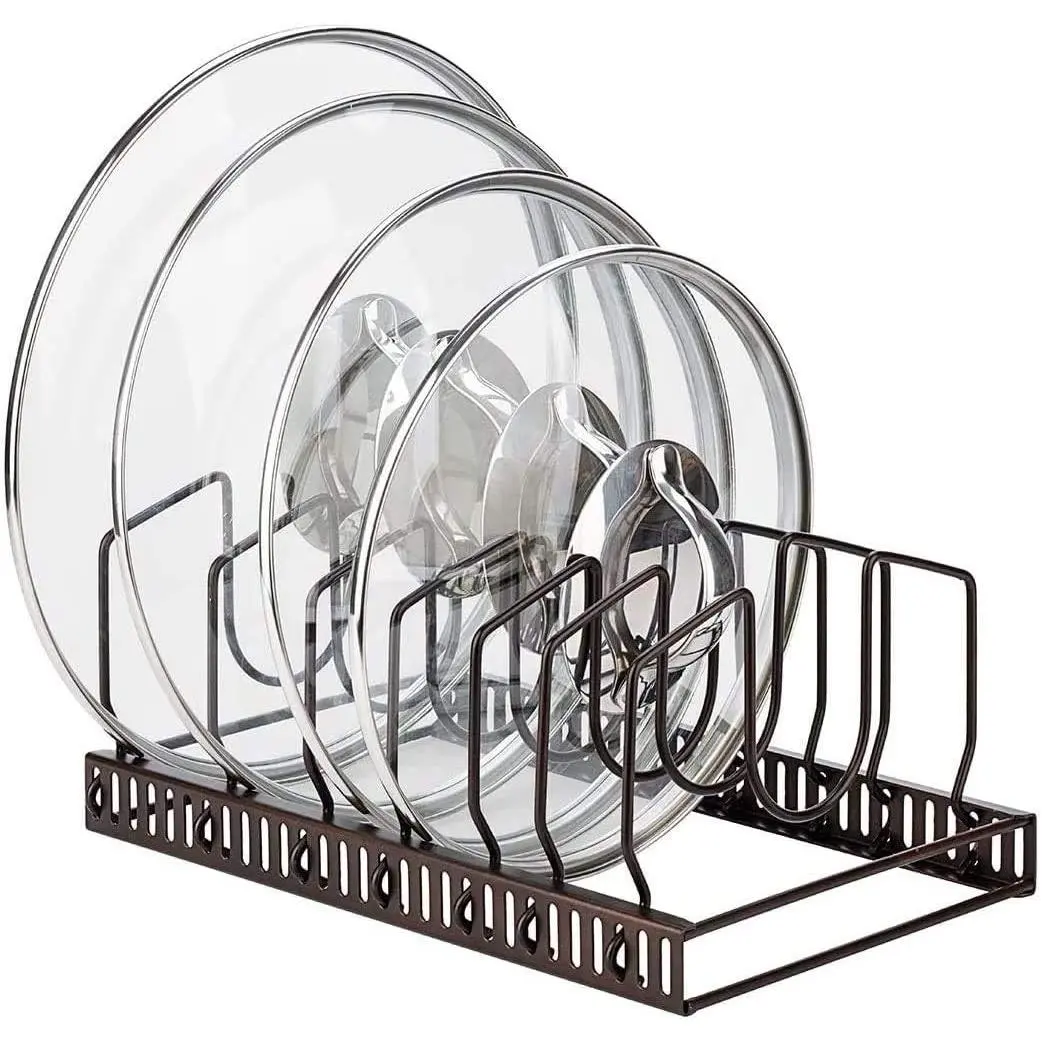 Adjustable Pot Lid Organizer Rack for Cabinet and Countertop, 7 Compartments, Holds 7+ Pan Lids and Bakeware - Brown