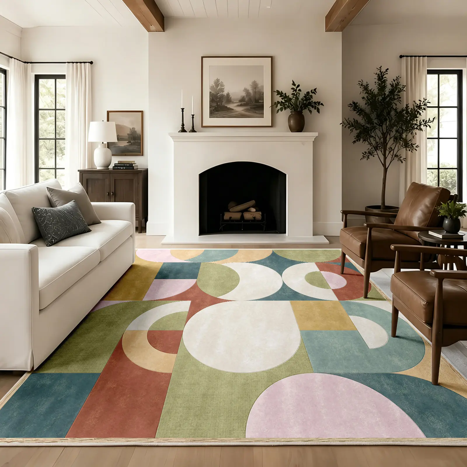Pastel Geometric Rug, Cream Ground with Abstract Overlapping Circles and Arcs in Earthy Pastel Tones, Non-Slip Machine Washable Carpet, Durable Soft Low Pile Mat, Rugs for Living Room Bedroom Room Decor, 8 x 10 ft Area Rugs