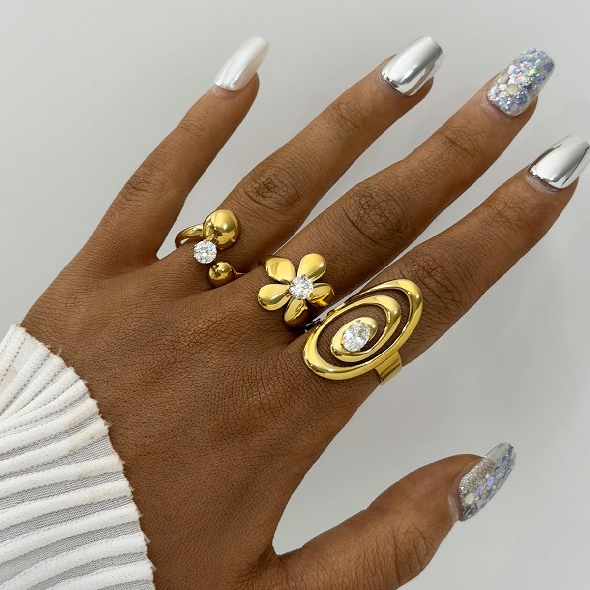 1pc 18K Gold Plated Zircon Flower Open Ring for Women, Stainless Steel Minimalist Summer Adjustable Jewelry, Everyday Wear Party Gift for Girlfriend Mom Friend Gold-Plated Striped Couple Stacking