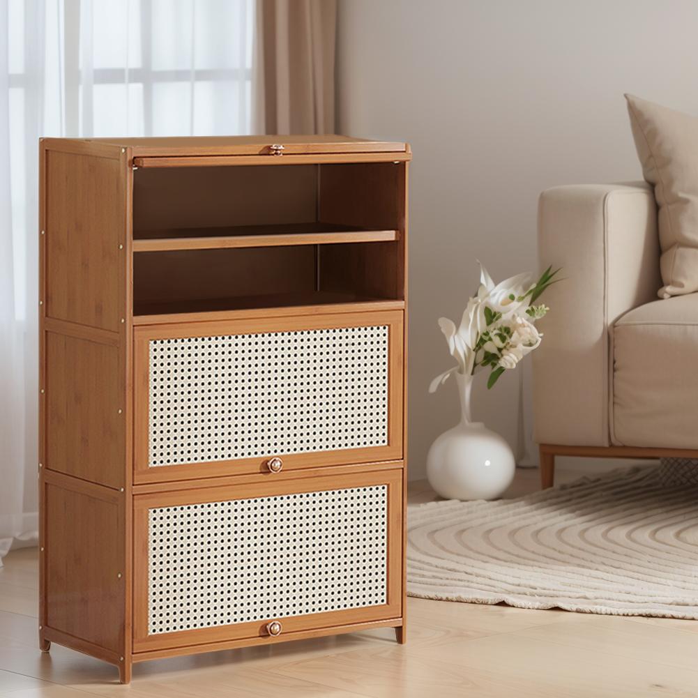 Tipping Bucket Shoe Rack Organizer with 2 Flip Drawers & Door Entryway Narrow Shoe Storage Cubby 7-Tier Bamboo Free Standing Shoe Storage Shelf for Closet Hallway Entryway