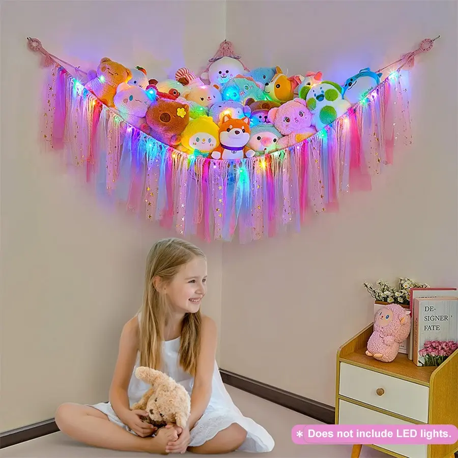 Plush Doll Storage Net, Hanging Toy Organizer Rack, Cute Fringe Toy Holder, Wall Decor for Baby Room, Kids Bedroom