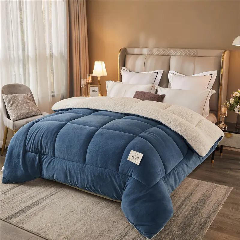 Plush Crystal Velvet Duvet, Soft Sherpa Reversible Blanket, Cozy Warm Bedding for Fall & Winter, Navy Blue & Light Gray