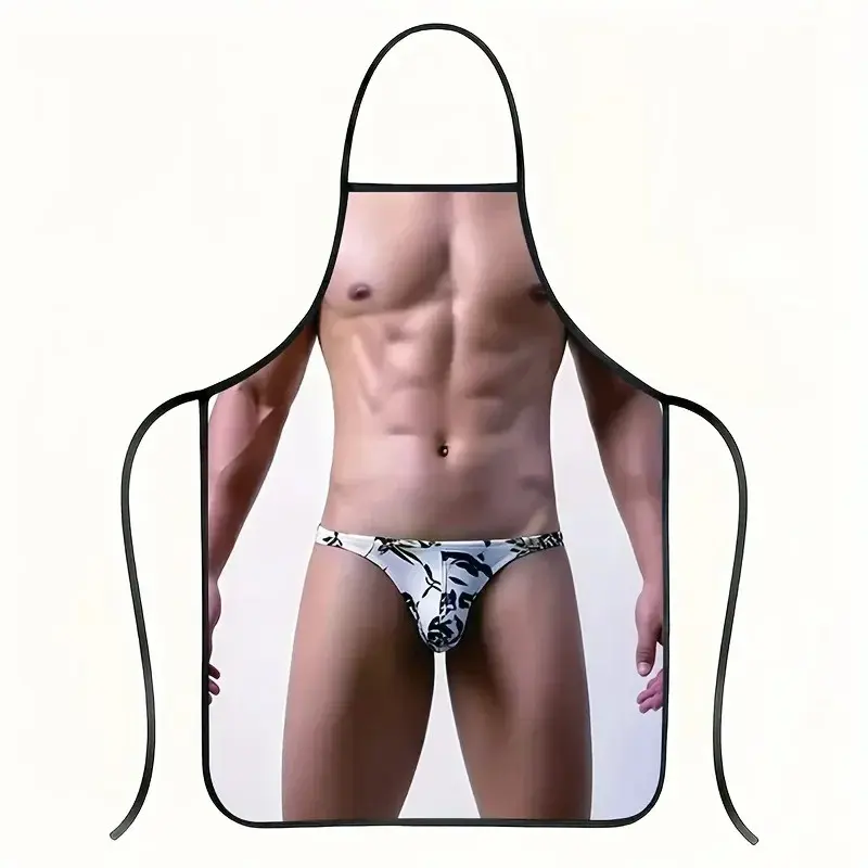 Funny Men's Belly Button Apron, Durable Polyester Chef Apron, Sexy Male Anatomy Design, Geometric Pattern, Perfect for Kitchen Use