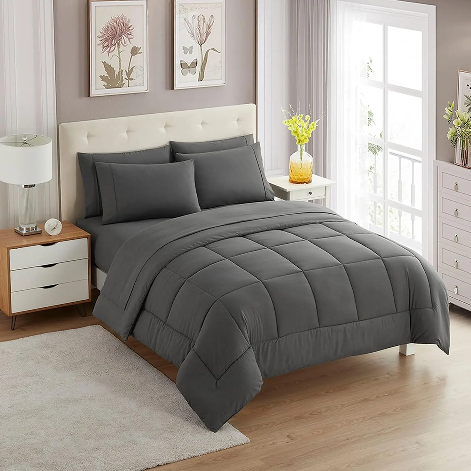 Twin 5-Piece Plain Comforter Set with Softness, All-Season Down-Alternative Blanket & Luxurious Microfiber Bed Sheets, Gray, Five Pieces