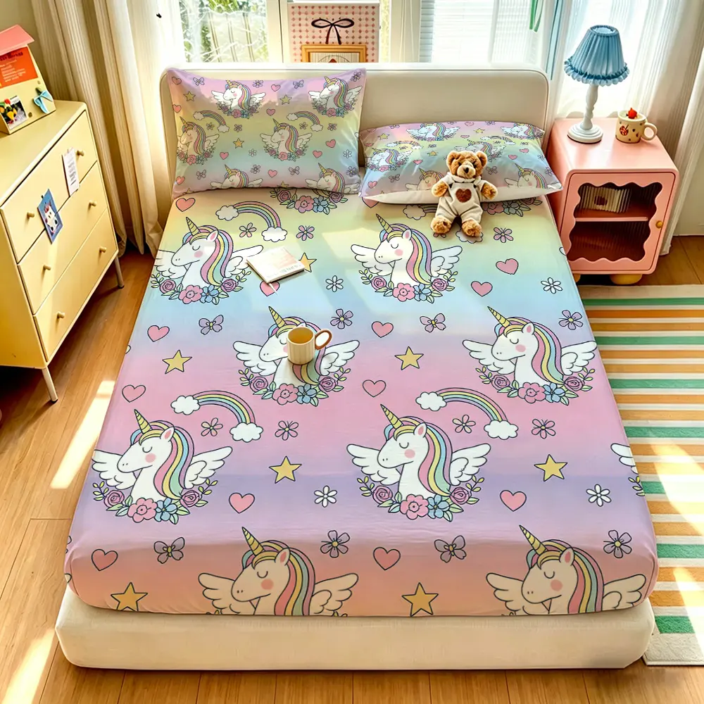 3‑Piece Digital‑Printed Bedding Set,Dreamy Gradient Unicorn & Rainbow Pattern,1 Bedspread+2 Pillowcases Without Filling,Soft Comfortable Fabric,Deep Pocket Design,Perfect Gift Choice