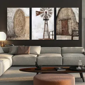 3-piece wooden frame wall art, farmhouse wall art with vintage rustic windmill, barn, cornfield aesthetic canvas prints, creative art design, ideal for decorating living rooms, bedrooms, offices, and as a gift for Easter and April Fool's Day