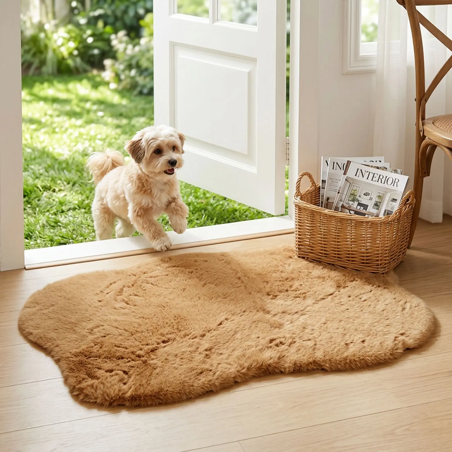 1pc Faux Rabbit Fur Khaki Irregular Entryway Mat, Soft Plush Floor Rug, Fluffy Rugs for Front Door Entryway Bedroom Study Living Room, Cozy Skin-Friendly Easy Clean, Minimalist Cream Style Home Decor