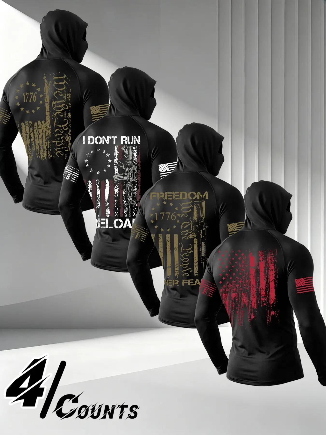 4-Pack Patriotic USA Flag Face Cover Hooded Long Sleeve Graphic Tee, All Season Versatile Western Outdoor Street Fashion, Moisture Wicking Anti-Chafing Wrinkle Resistant Material, Great For Layering Under Tactical Jackets, Camo Pants & Workwear