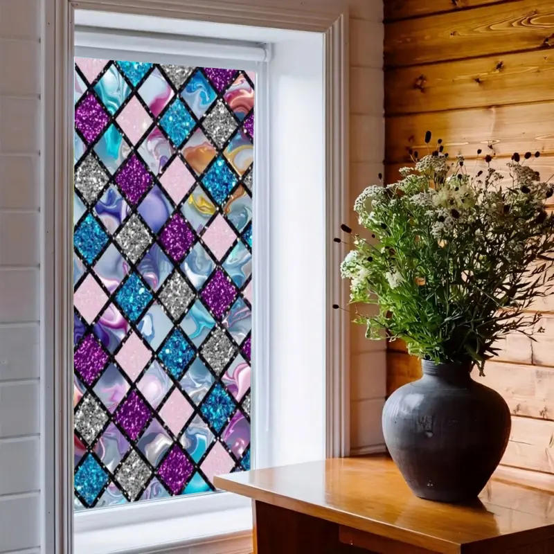 Colorful Diamond Pattern Window Privacy Film Stained Glass Static Cling Decorative Window Cling Non-Adhesive Light Filtering for Home Office Decor Window Clings For Glass Windows