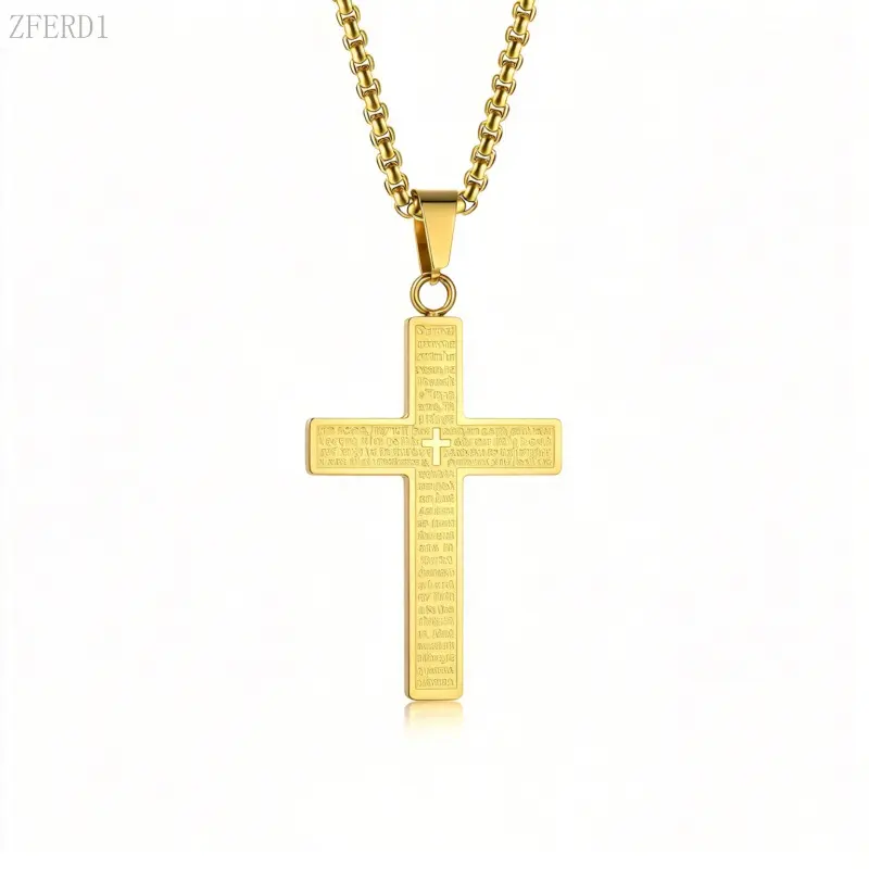 Bible Verse Engraved Cross Pendant Necklace Stainless Steel Box Chain Religious Jewelry For Men