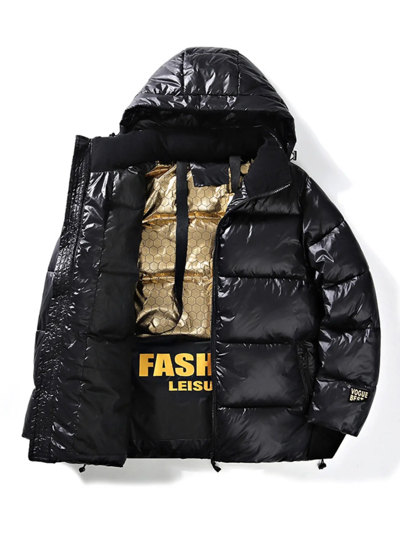 Men's Gold‑Thermal Lined Hooded Casual Puffer Jacket Glossy Thick Warm Winter Outerwear