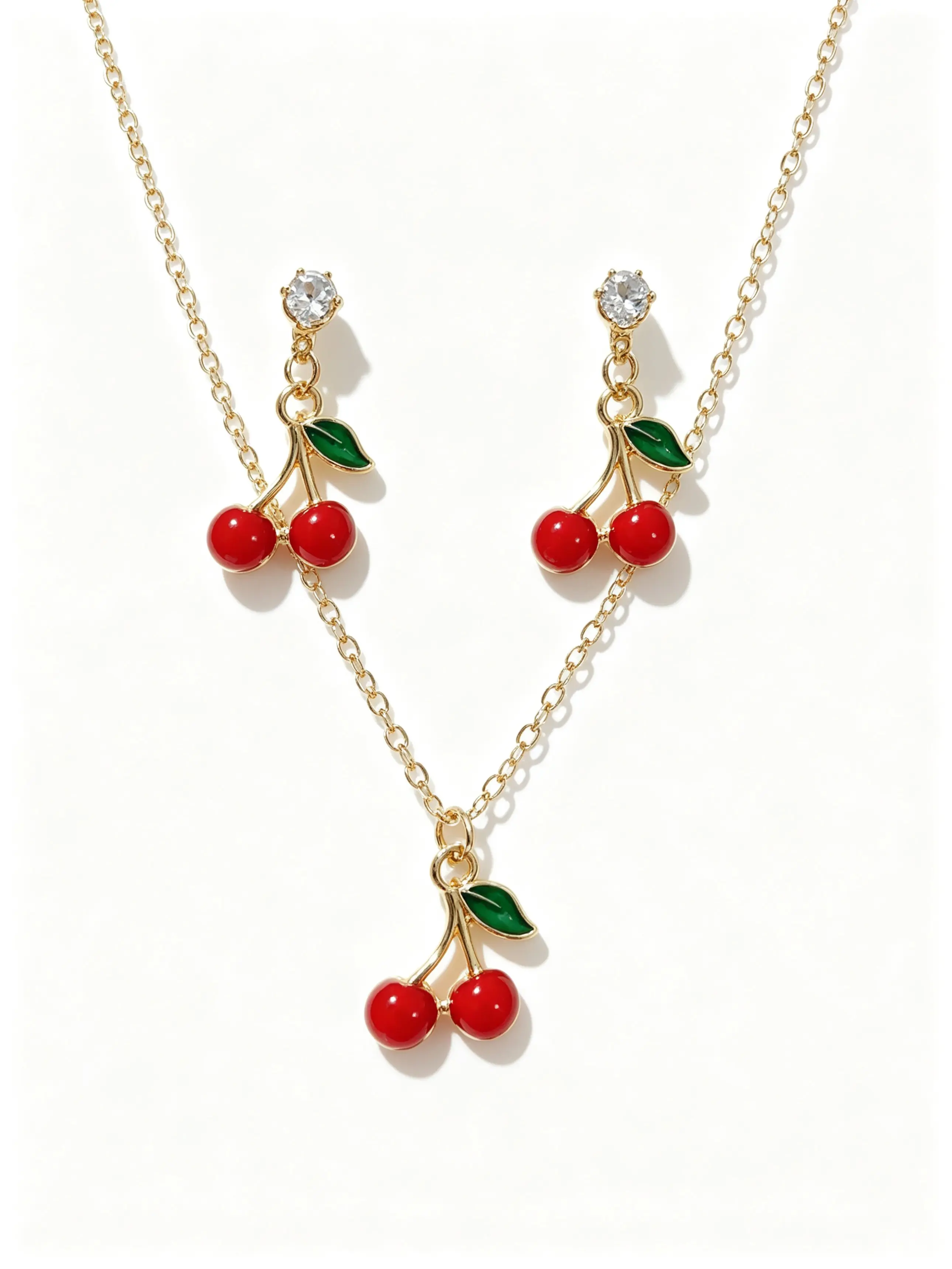 Fruit Theme Necklace Earrings Set, Cherry/ Apple/strawberry Pendant Design, Casual Chic Daily Wear, Women's Fashion Jewelry, Matching Jewelry Set