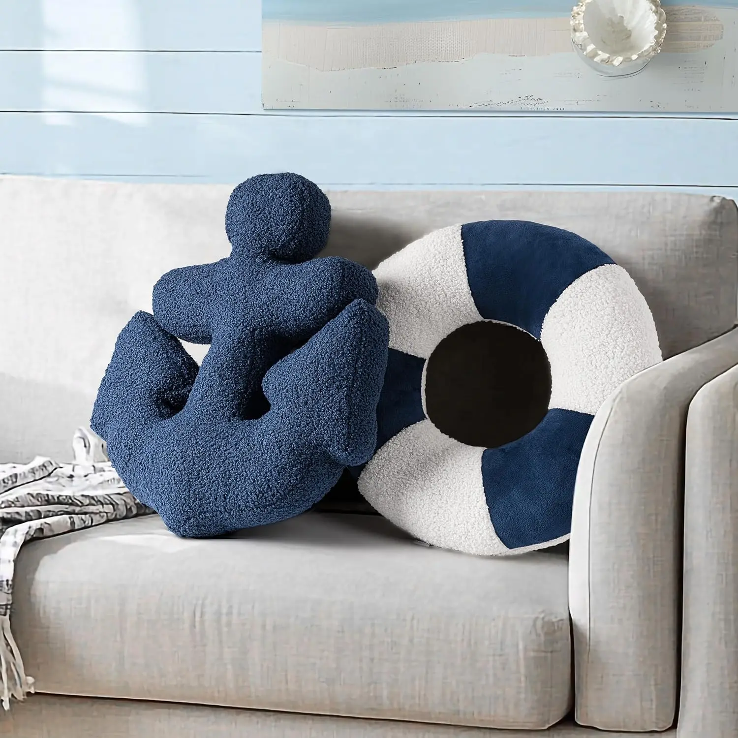 3D Anchor & Lifebuoy Nautical Throw Pillows, 19.6"& 15.7" Set of 2, Coastal Decor for Beach Enthusiasts Beach House, Ideal for Sofa Couch Living Room Bedroom and Nursery, Navy Blue and White