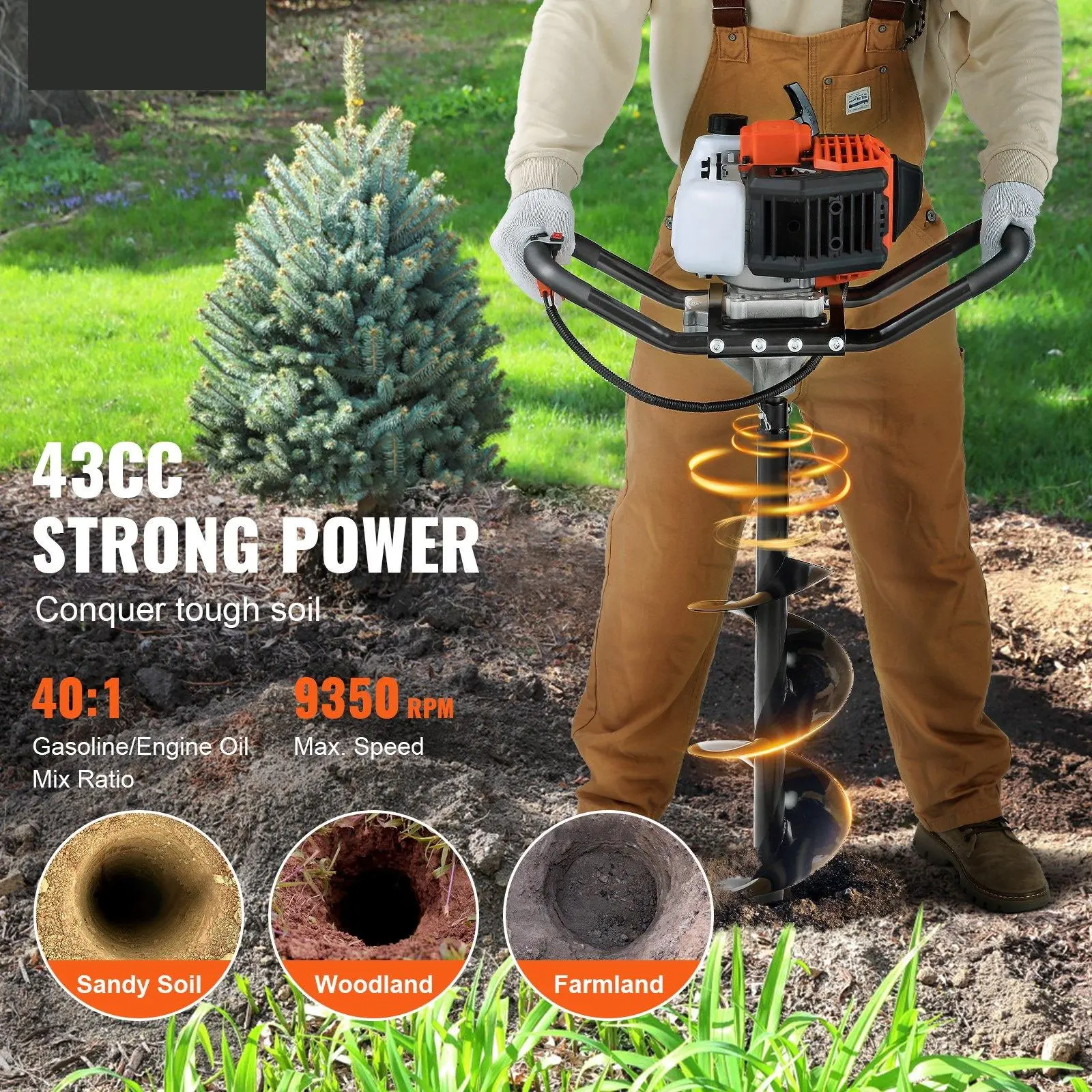 52CC 1450W Gas Powered Post Hole Digger, Earth Auger with 8" Drill Bit & 1 Extension Rod, Gas Fence Post Hole Digger for Farmland, Garden Planting, Orange & Black