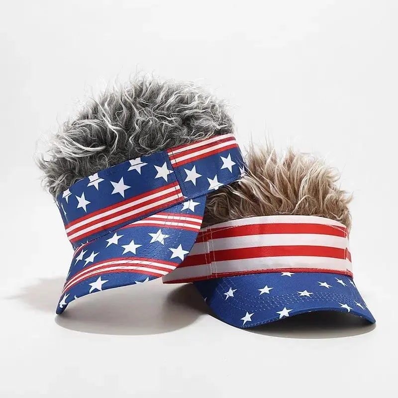 Unisex US Flag Spiky Fake Hair Visor Hat, Adjustable Strap Polyester Patriotic Novelty Headwear, 2.95-in Visor Length Spiky Flare Sun Protective Cap for Outdoor Sports, One Size Fits Most