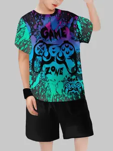 Boys' Summer Short Sleeve Two-Piece Set, Splatter Game Controller Print, Medium Large Kids Summer Clothes
