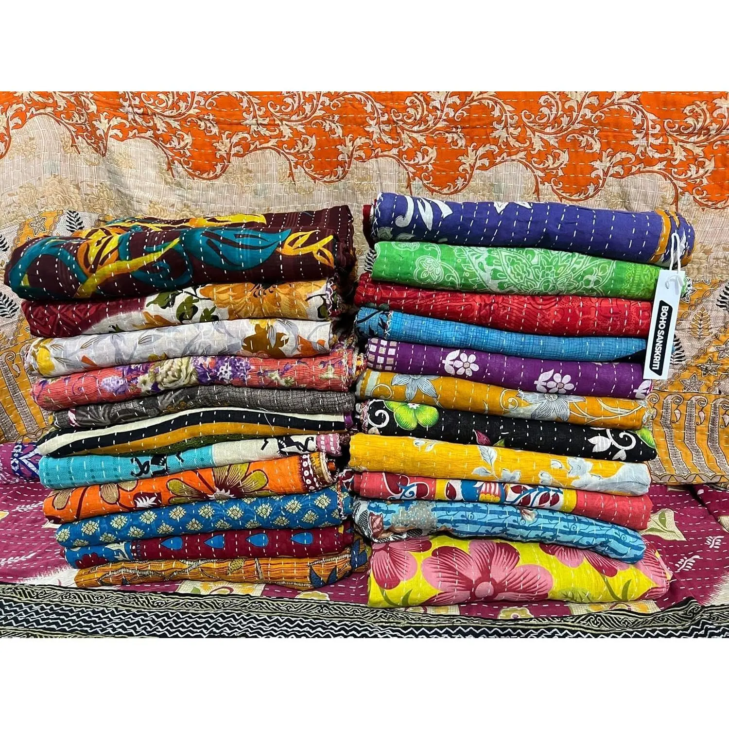 Boho Vintage Reversible Kantha Cotton Bedspreads Throws Bedcover Blanket Gudari Ralli Quilt (Pack of 5)