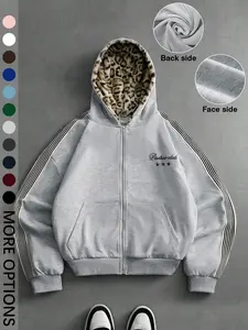 Vintage Side Striped Leopard Print Fleece Lined Full Zip Hoodie, Unisex Soft Knit Loose Fit Jacket, Fall & Winter Casual Streetwear