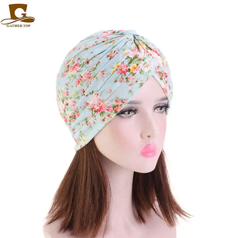 Women's Effortless Floral Print Jersey Turban Beanie - Sporty Sports Headbands, Twist Front, Cross Knot, Stretch Soft, Full Coverage Hair Protection, for Church Daily Wear
