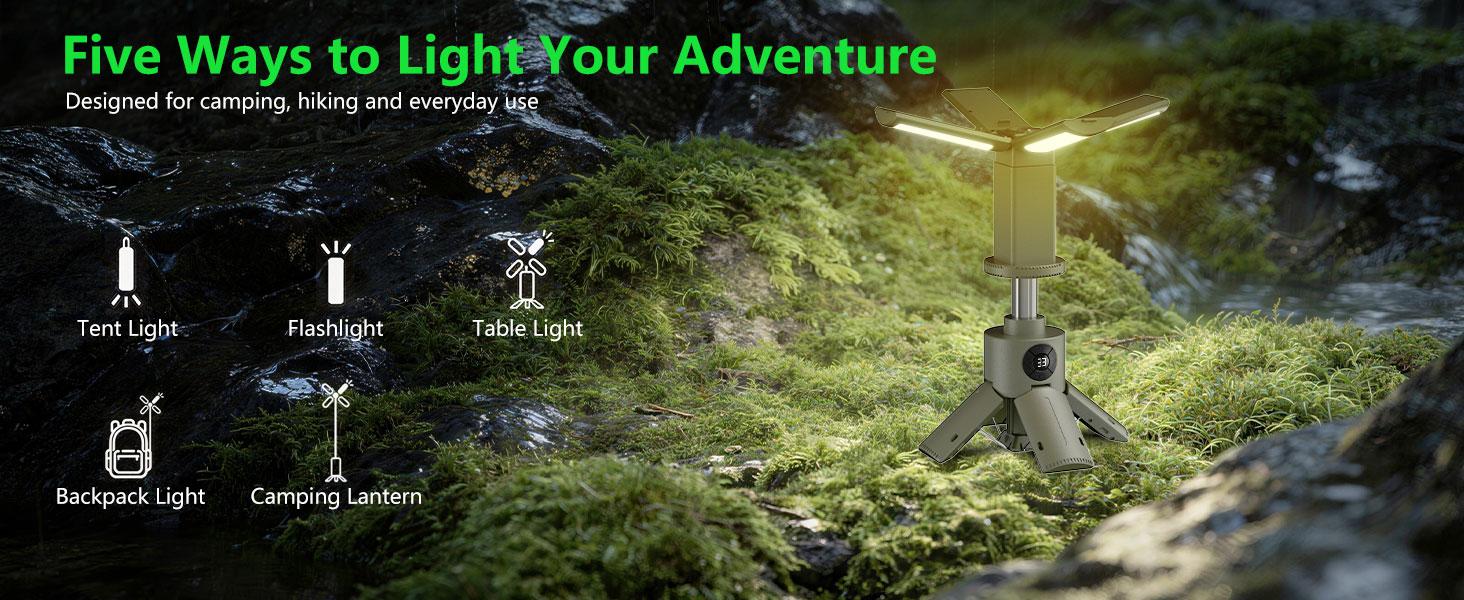 Telescopic Camping Lights with Stand, 14000mAh Rechargeable Camping Lantern with Display, Hook and IPX5 Waterproof, Outdoor Camping Lights for Travel, Fishing, Emergency Use
