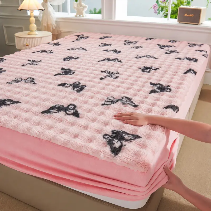Pink Butterfly Faux Rabbit Fur Fitted Sheet, Super Soft Fluffy Plush Warm Bedding with Full Elastic Edges and Secure Mattress Fit, Cozy Machine Washable Bed Cover for Girls, Teens, Bedroom, College Dorm, Apartment, Hotel and Guest Room, Multiple Sizes