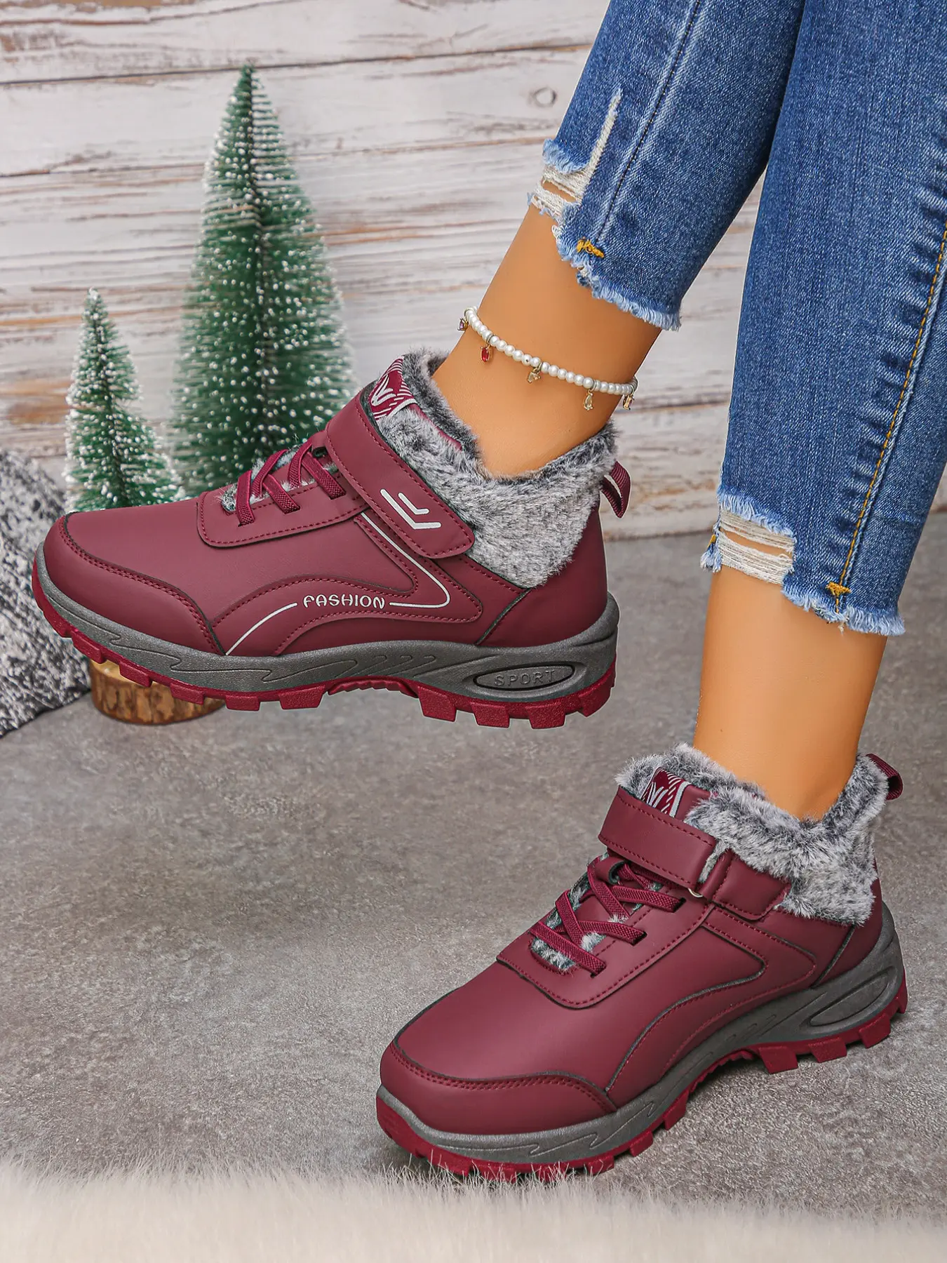 Women High Top Winter Casual Boots, Smooth Upper Ankle Booties With Plush Lining, Lace Up Hook & Loop Strap Design Outdoor Walking Boots, Solid Color Winter Footwear for Daily Commute, Mountain Hiking, Outdoor Leisure & Cold Season Daily Outfit Matching