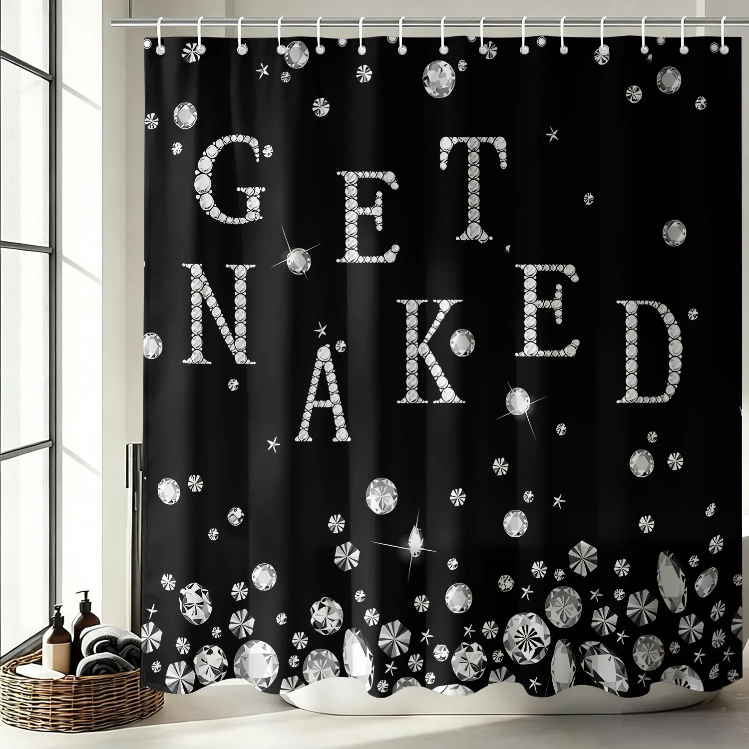 Waterproof Bling Diamond Get Naked Shower Curtain Lightweight Sparkle Crystal Rhinestone Letter Print Fabric Curtain Funny Glam Glitter Decor With Hooks For Trendy Fun Bathroom